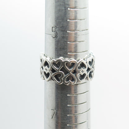 925 Sterling Silver Vintage Heart 2-Row Band Ring Size 6.25