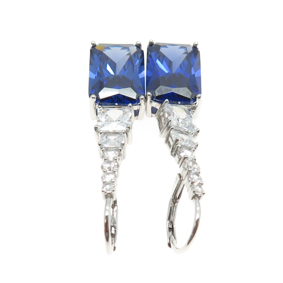 925 Sterling Silver Radiant & Princess-Cut Blue White C Z Graduated Earrings