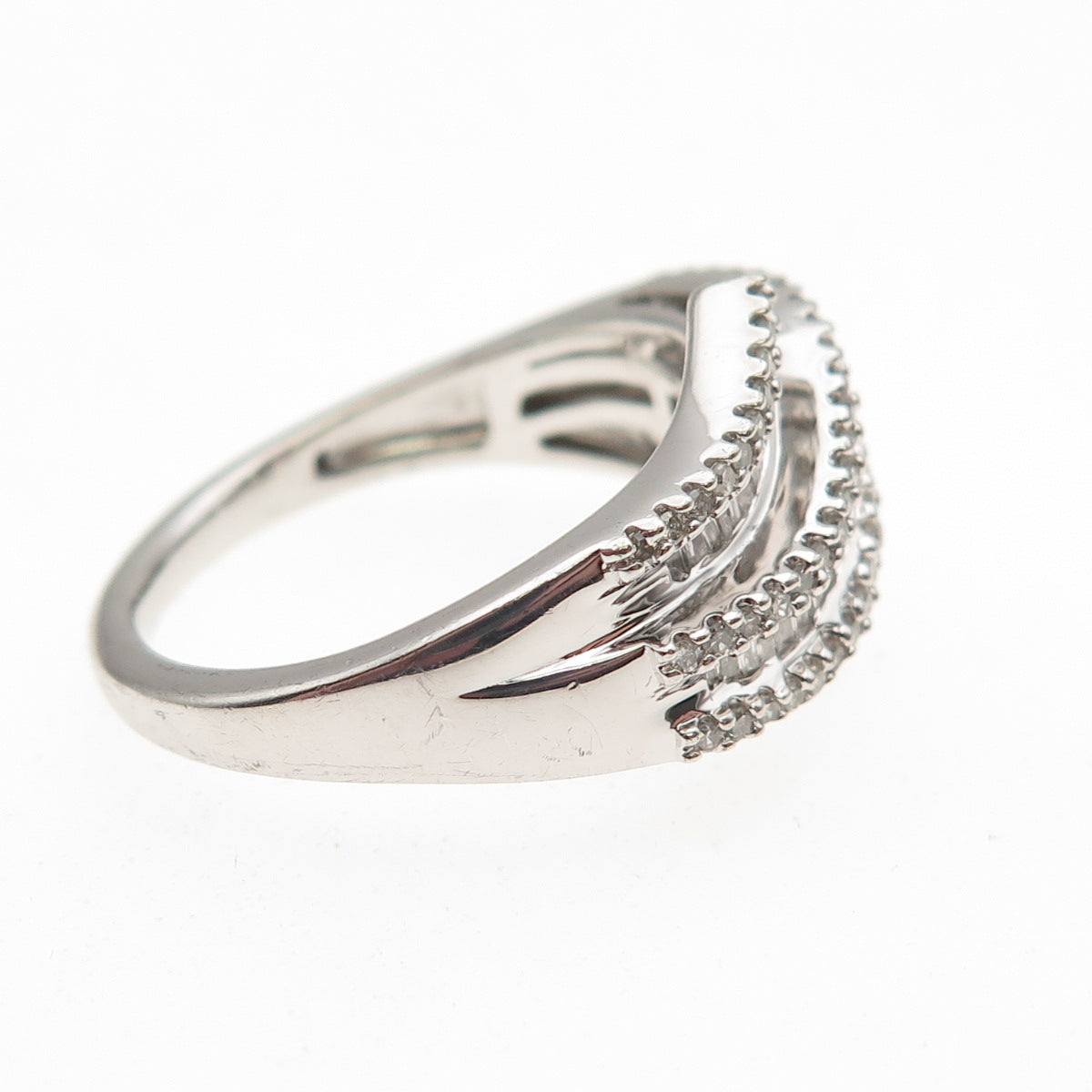 Sun 925 Sterling Silver Real Round & Emerald-Cut Diamond Bypass Ring Size 8