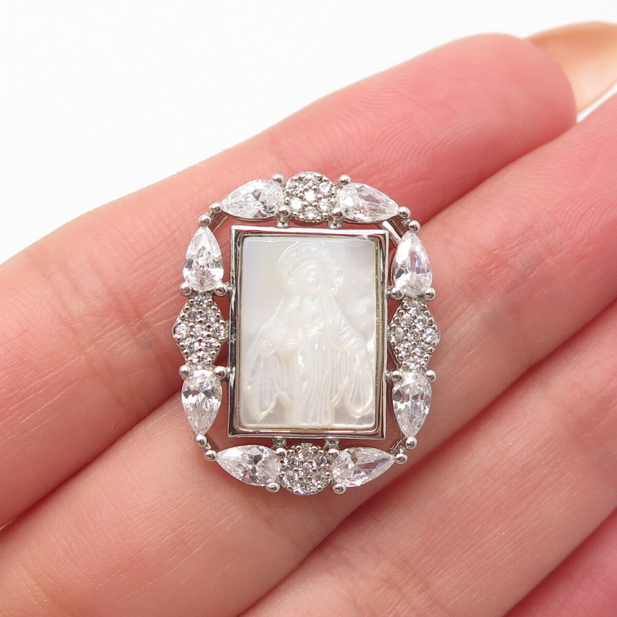925 Sterling Silver Real Mother-of-Pearl & C Z Religious Theme Pendant