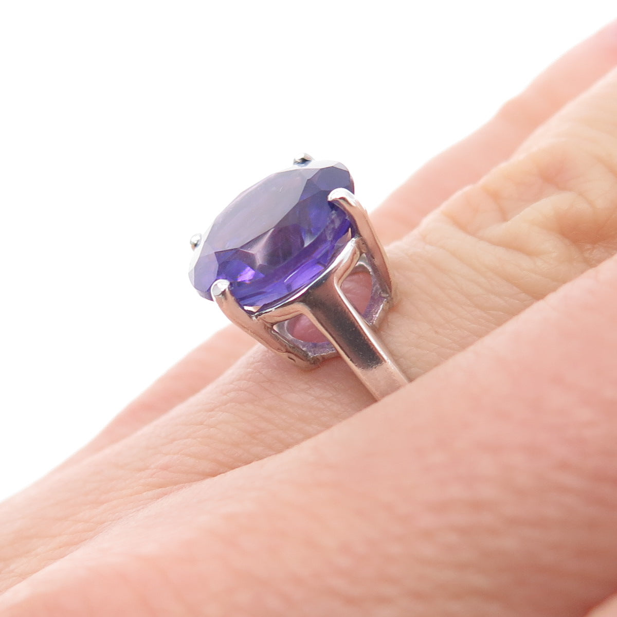 925 Sterling Silver Vintage Real Round-Cut Amethyst Ring Size 7