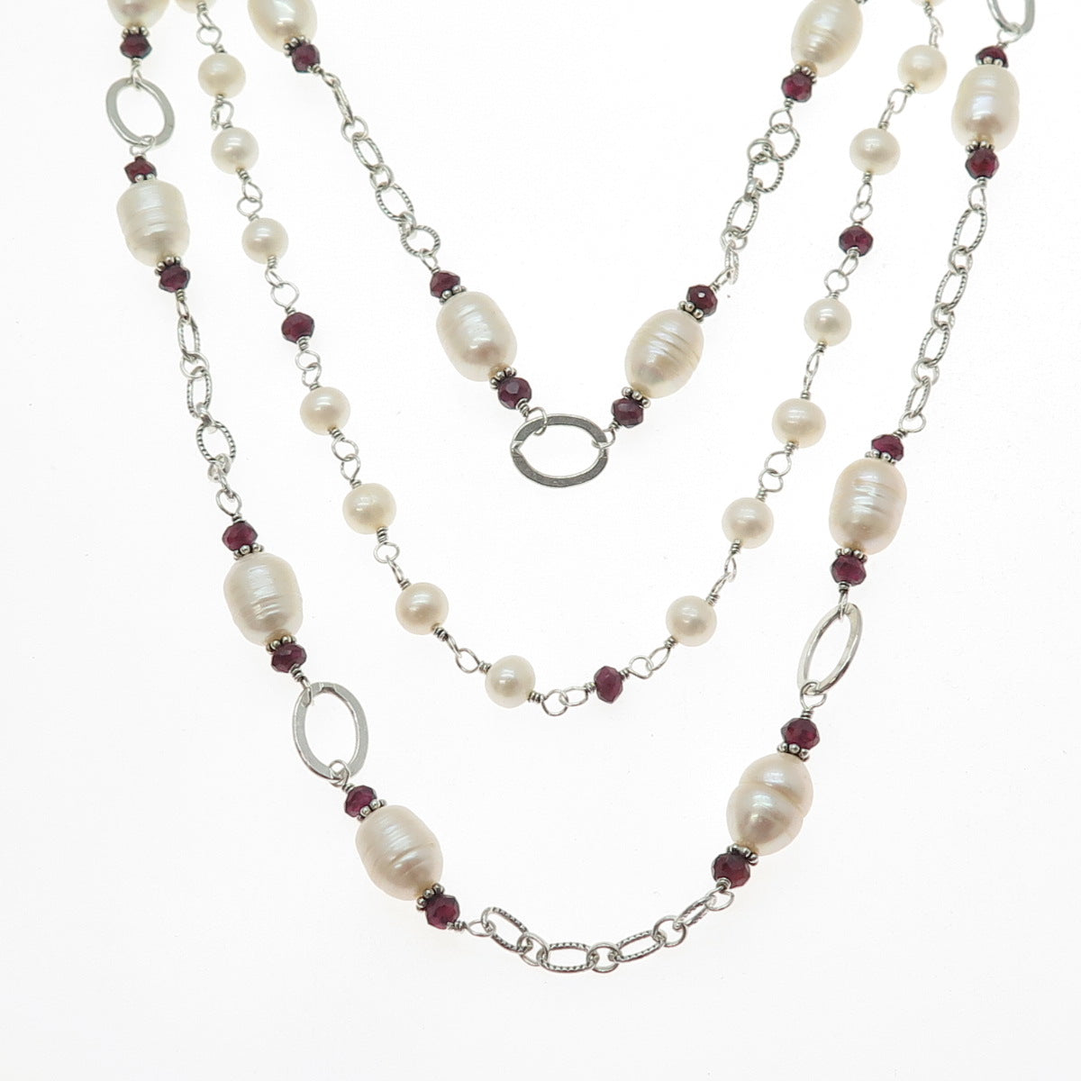 SX SALLY C 925 Sterling Vintage Real Amethyst & Pearl Multi-Chain Necklace 16"