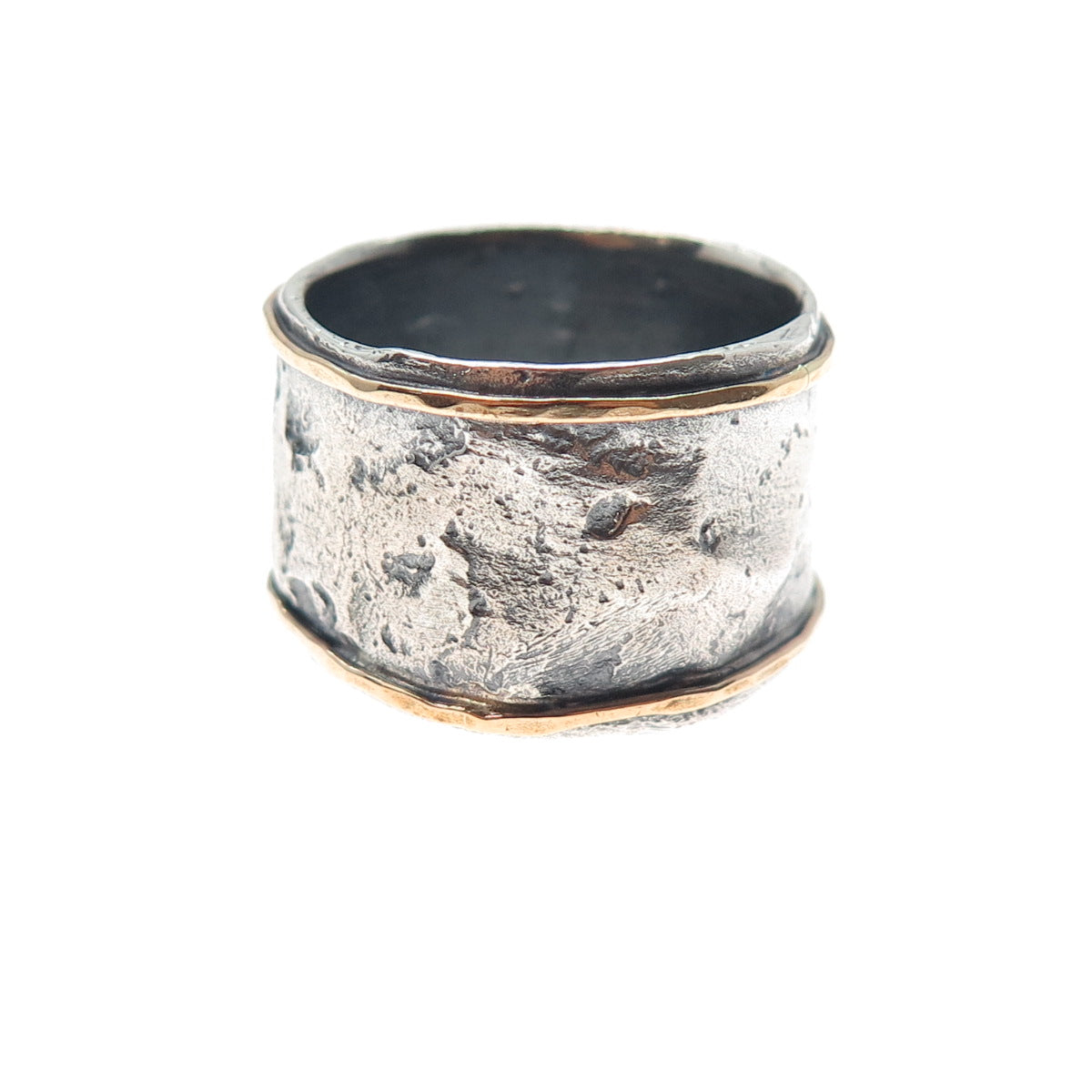 925 Sterling Silver & 14K Gold Vintage Modernist Oxidized Band Ring Size 9.75