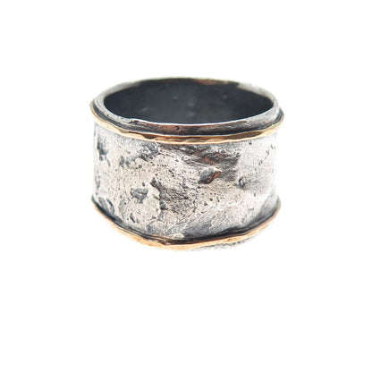 925 Sterling Silver & 14K Gold Vintage Modernist Oxidized Band Ring Size 9.75