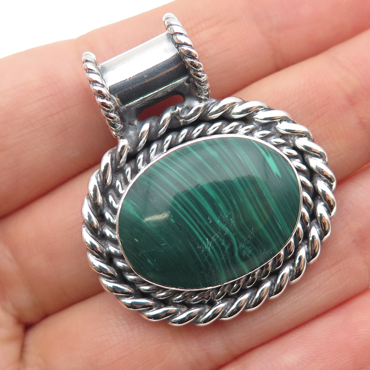 925 Sterling Silver Vintage Mexico Real Malachite Oxidized Slide Pendant