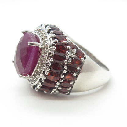 SAM 925 Sterling Silver Real White Topaz Ruby & Red Garnet Gemstone Ring Size 7