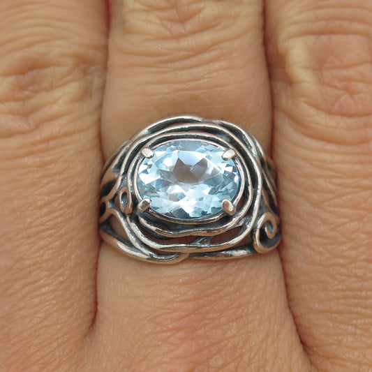 925 Sterling Silver Vintage Israel Real Blue Topaz Gemstone Ring Size 7