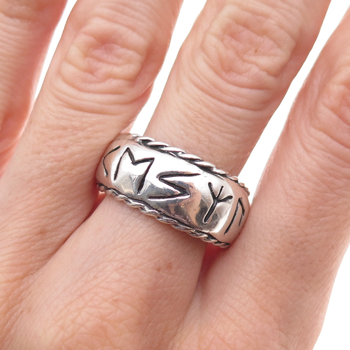 925 Sterling Silver Vintage Elder Futhark Rune Oxidized Band Ring Size 9.5