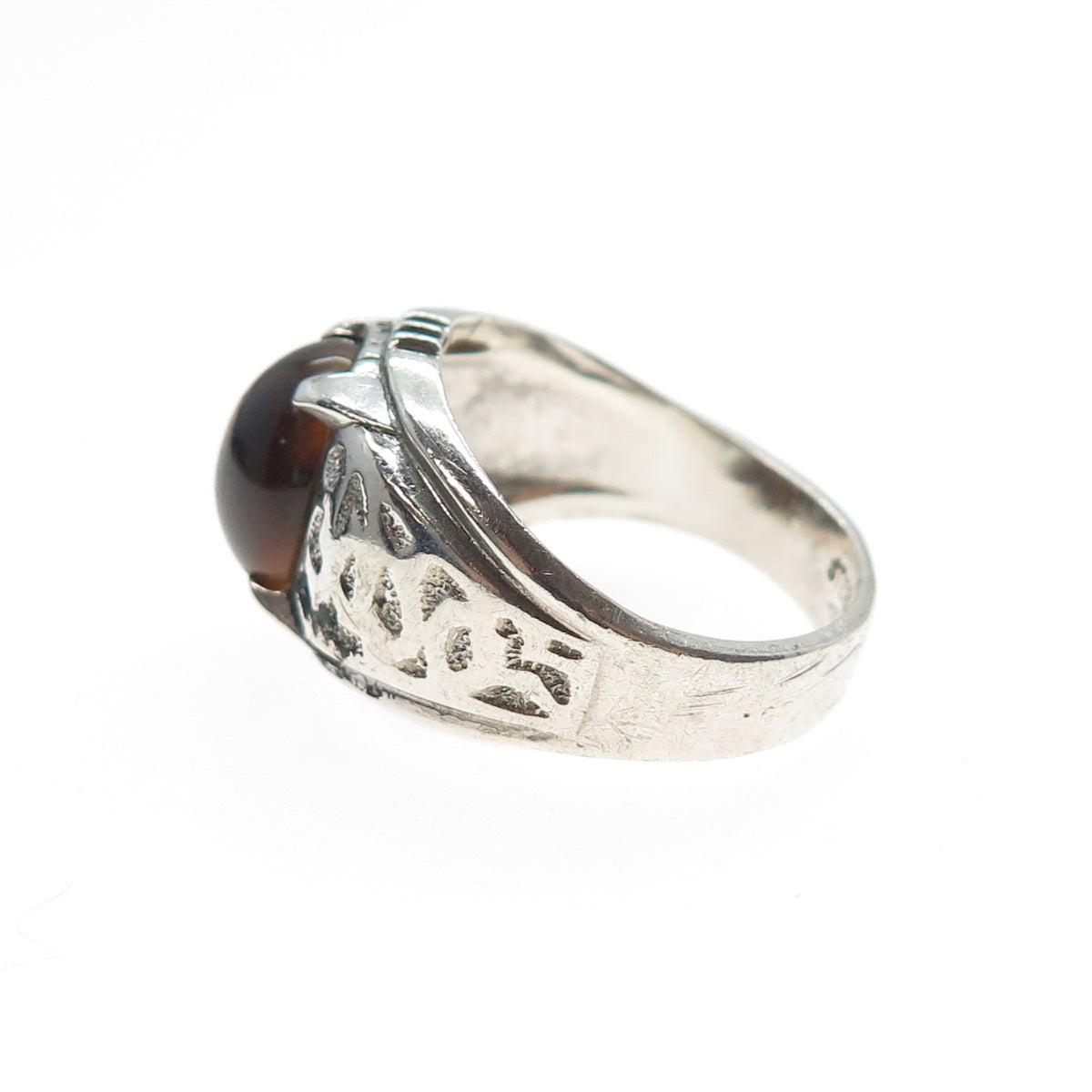 CLARK & COOMBS Sterling Silver Antique Art Deco Real Tiger Eye Ring Size 10.75