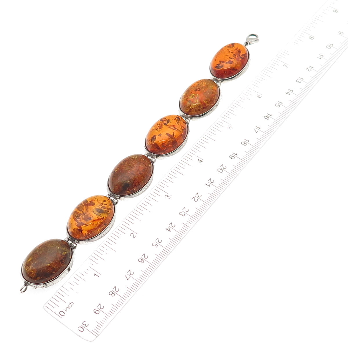 925 Sterling Silver Vintage Real Cabochon Amber Link Bracelet 7"