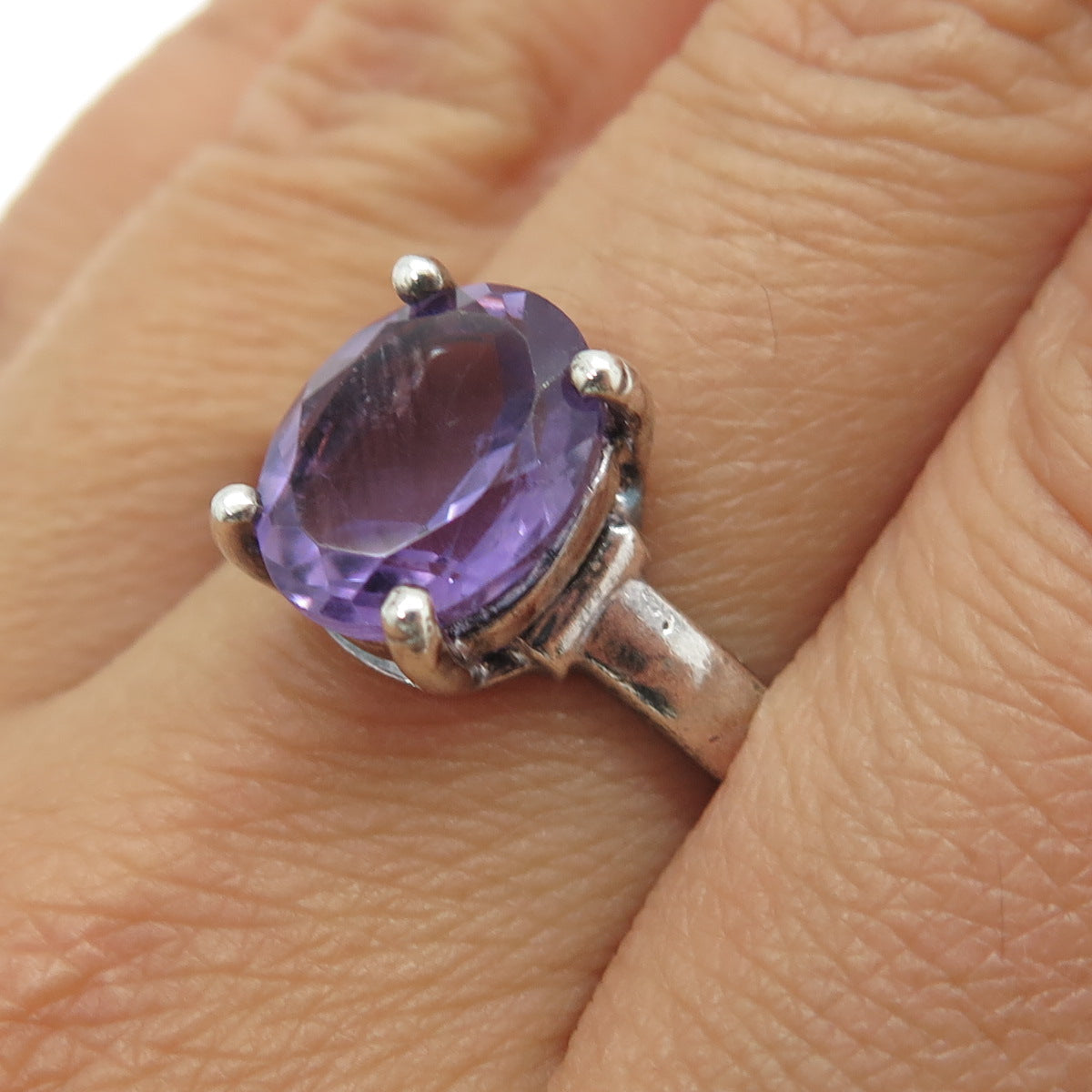 925 Sterling Silver Vintage Real Oval-Cut Amethyst Ring Size 10