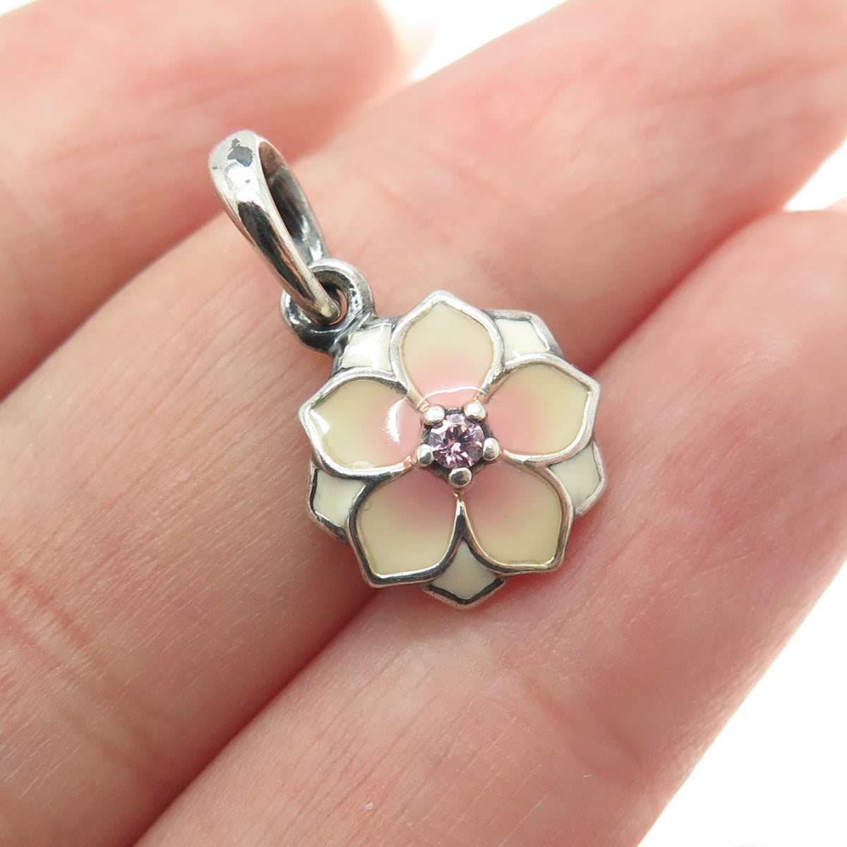 PANDORA 925 Sterling Silver Enamel Pink C Z Magnolia Bloom Dangle Pendant