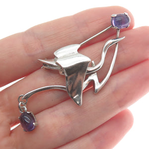 925 Sterling Silver Vintage Real Amethyst Modernist Stork Bird Pin Brooch