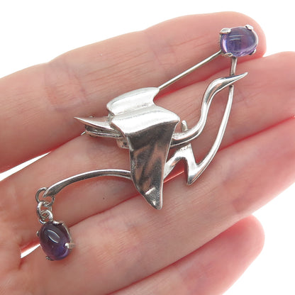 925 Sterling Silver Vintage Real Amethyst Modernist Stork Bird Pin Brooch