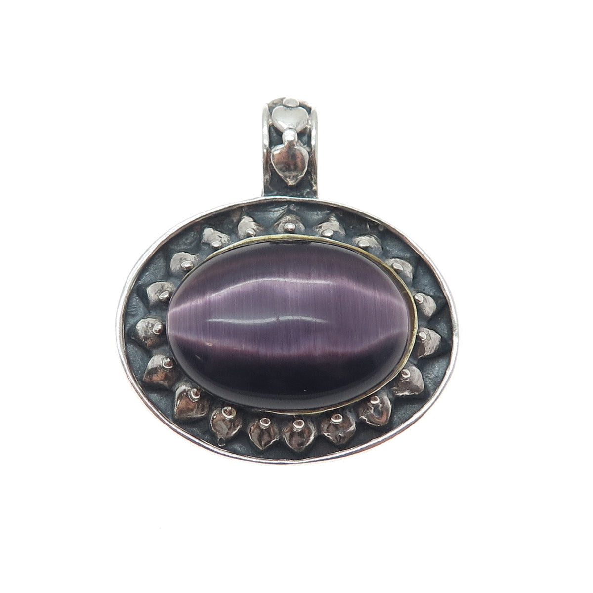 925 Sterling Silver Vintage Real Cabochon Purple Tiger Eye Sun Oxidized Pendant