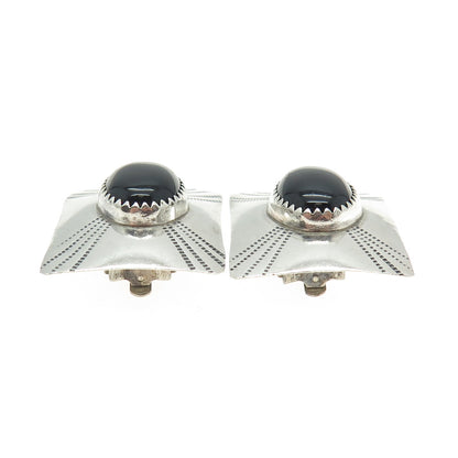 Old Pawn Sterling Silver Vintage Southwestern Real Black Onyx Clip On Earrings