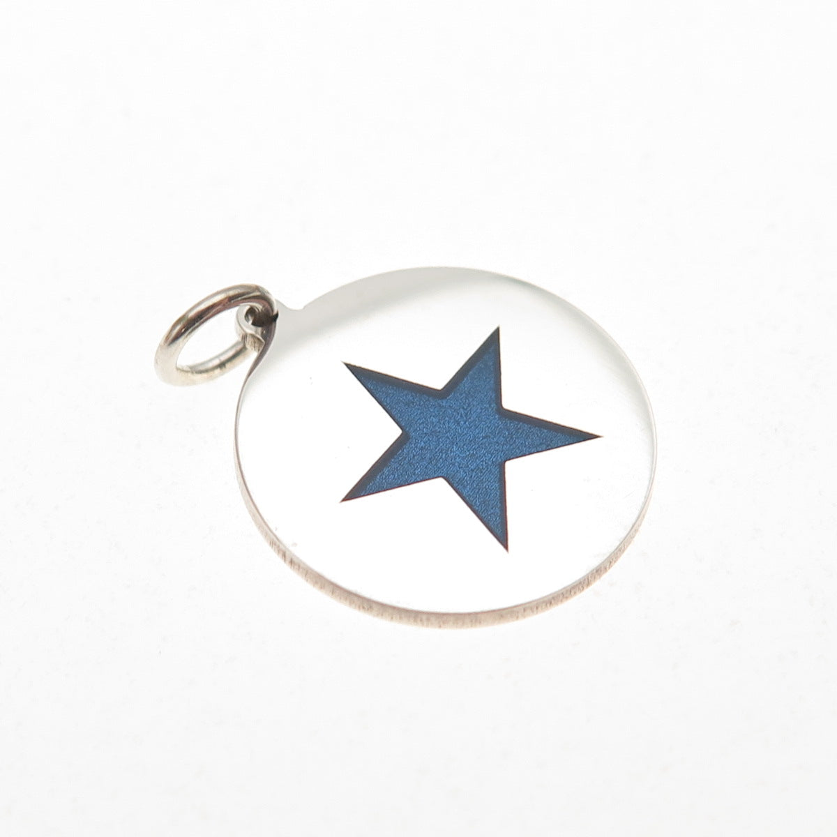 925 Sterling Silver Blue Enamel Star Round Tag Mini Charm Pendant