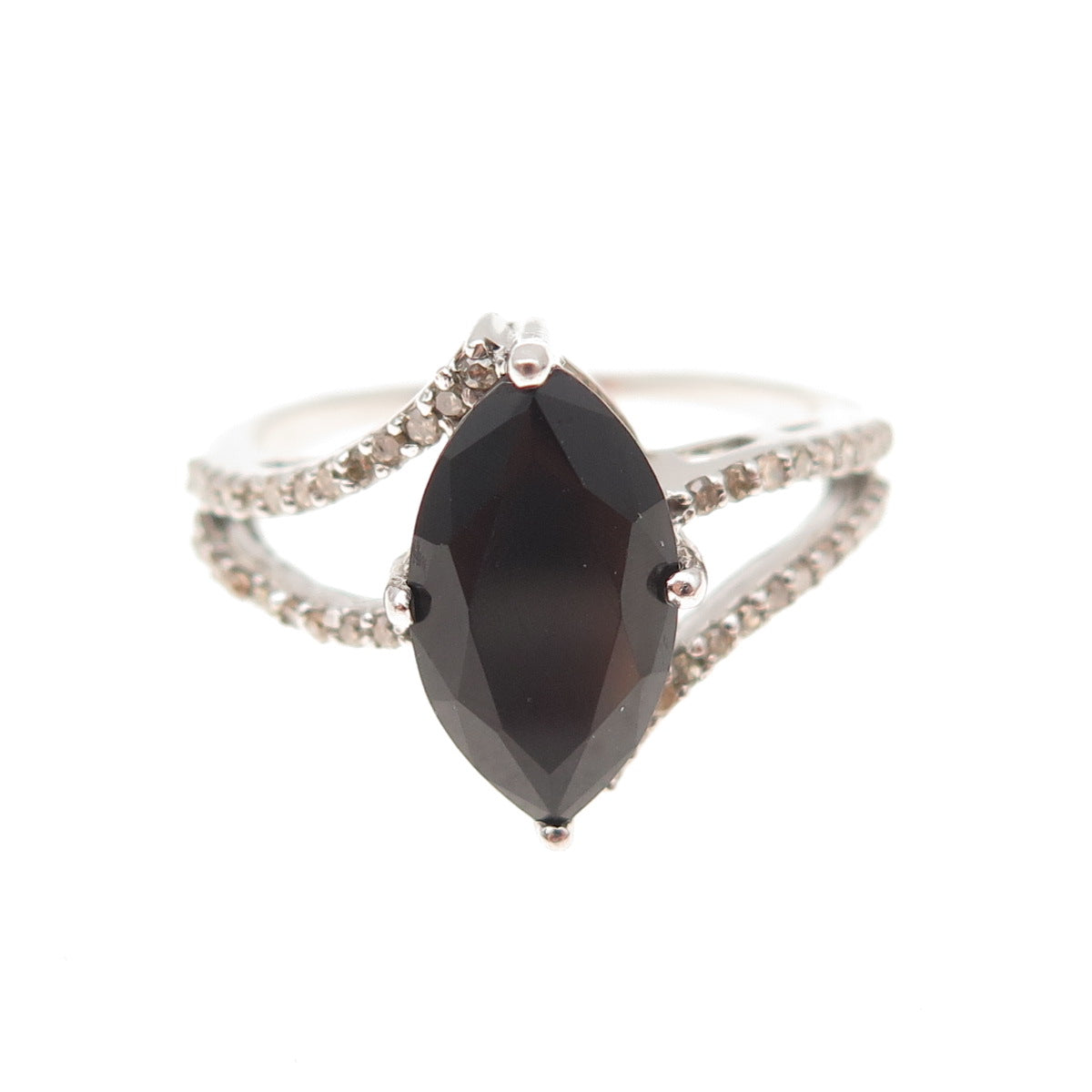 925 Sterling Silver Real Champagne Diamond & Black Spinel Ring Size 7.75