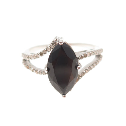 925 Sterling Silver Real Champagne Diamond & Black Spinel Ring Size 7.75