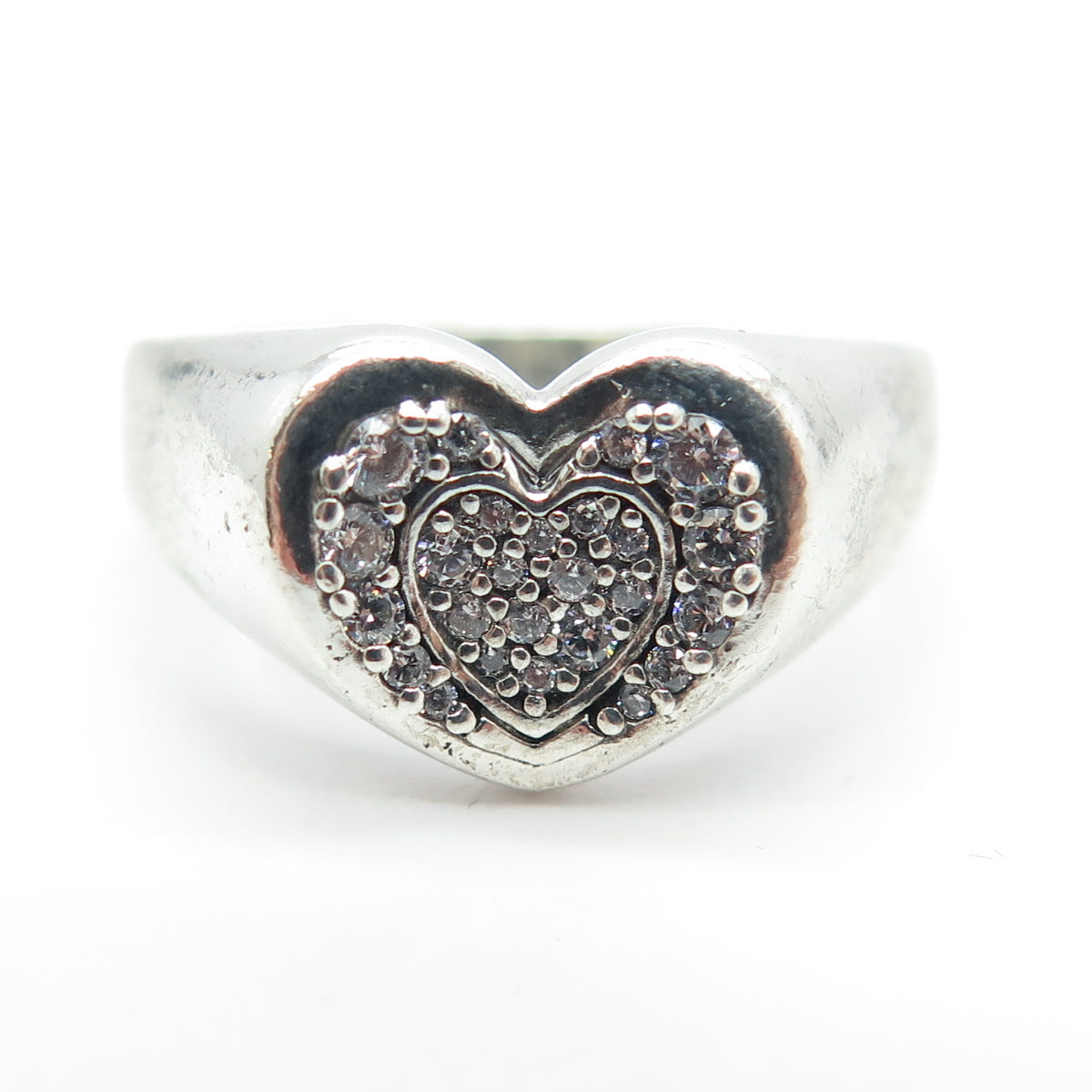 PANDORA 925 Sterling Silver Round-Cut C Z Heart Ring Size 6