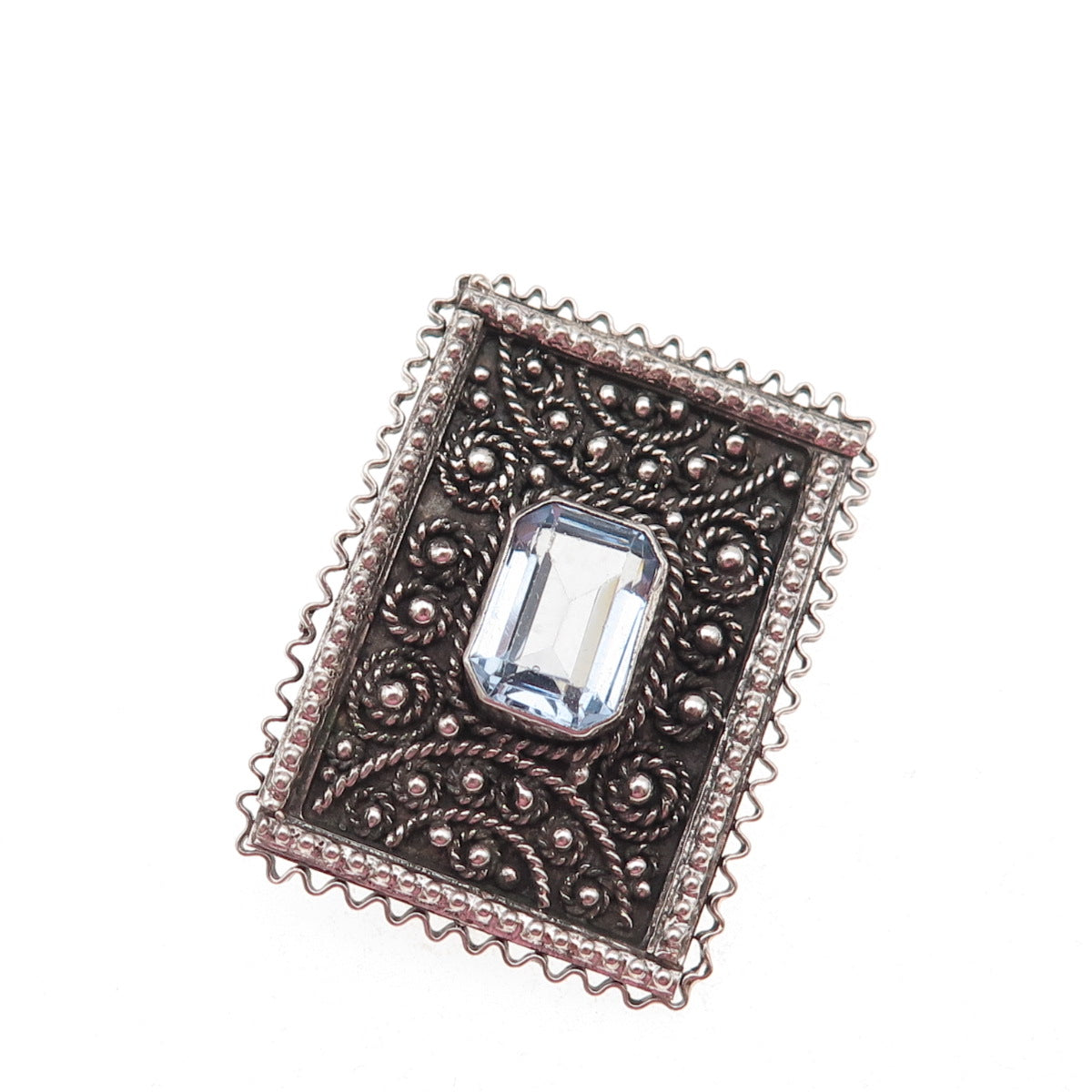 925 Sterling Silver Vintage Jerusalem Israel Blue Crystal Oxidized Pin Brooch