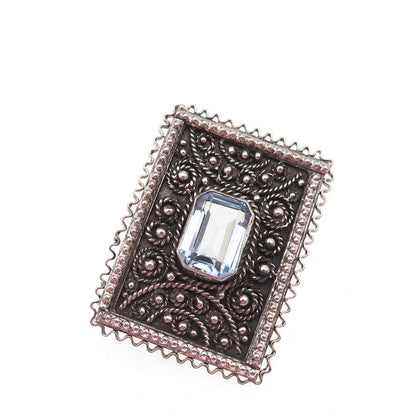 925 Sterling Silver Vintage Jerusalem Israel Blue Crystal Oxidized Pin Brooch