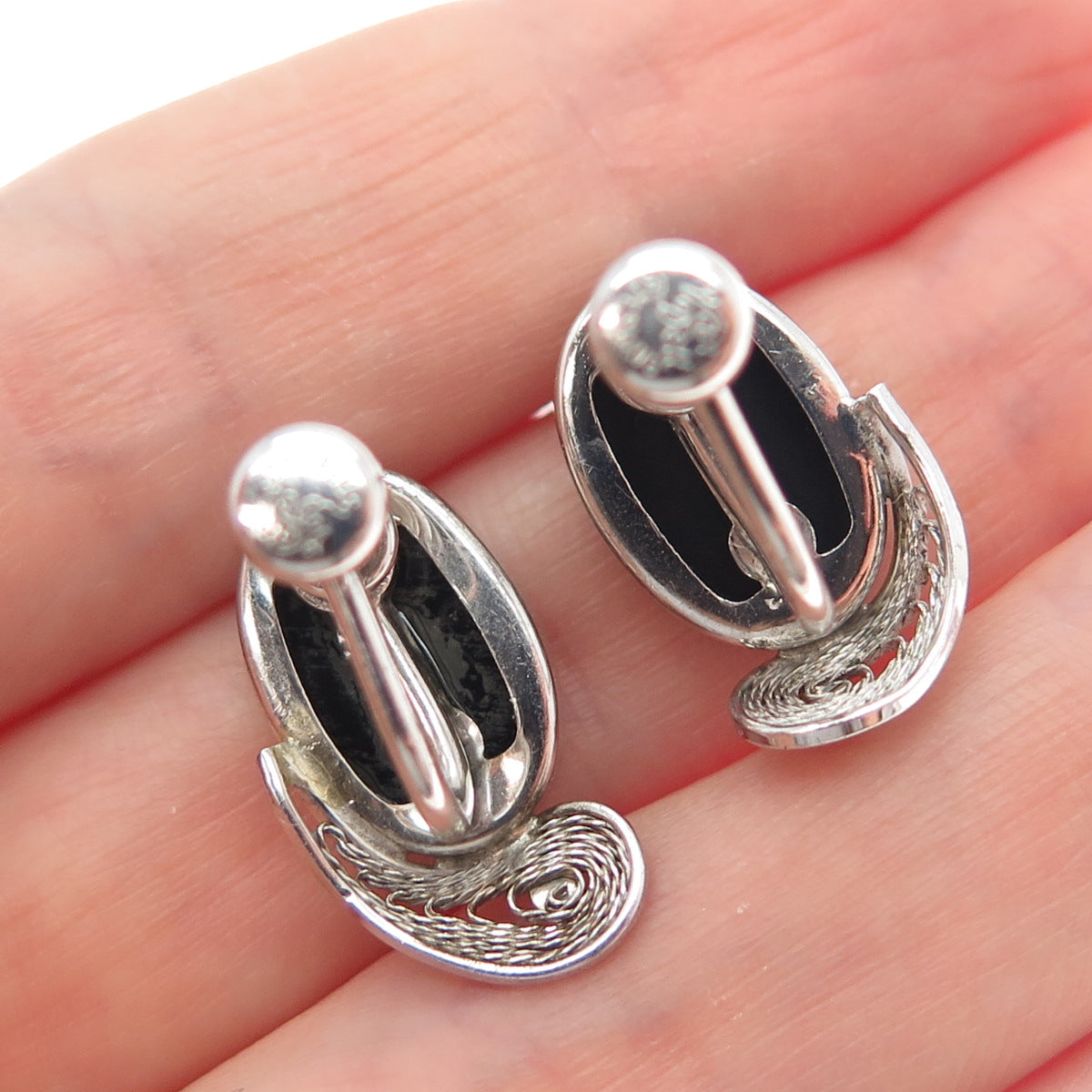 VAN DELL Sterling Silver Vintage Real Black Onyx Filigree Screw Back Earrings