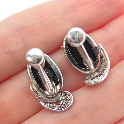 VAN DELL Sterling Silver Vintage Real Black Onyx Filigree Screw Back Earrings