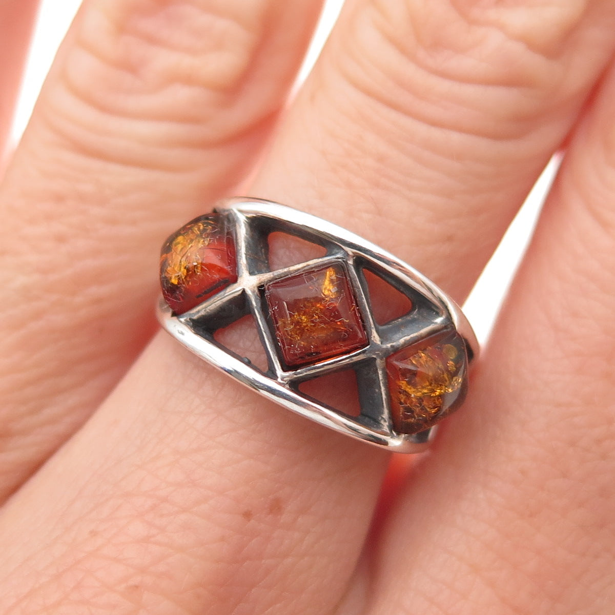 925 Sterling Silver Vintage Poland Real Amber Oxidized Ring Size 7.5
