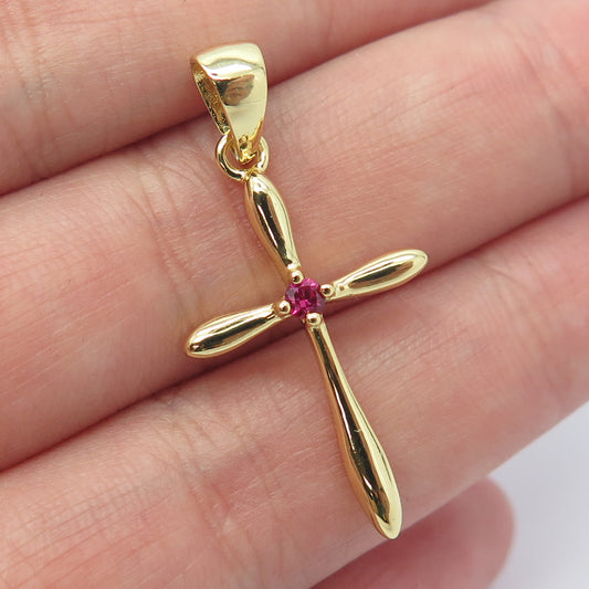 HAN 925 Sterling Silver Gold Plated Pink C Z Cross Pendant