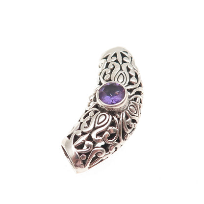 925 Sterling Silver Vintage Real Amethyst Floral Swirl Slide Pendant