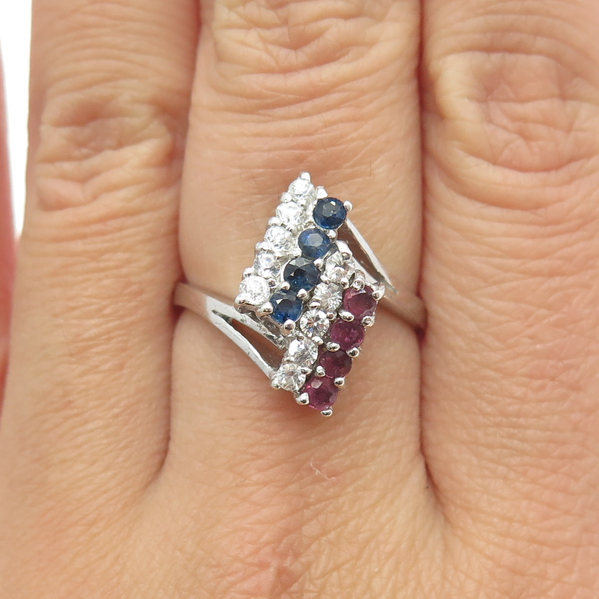 925 Sterling Silver Real Round-Cut Sapphire Ruby & C Z Ring Size 7.75