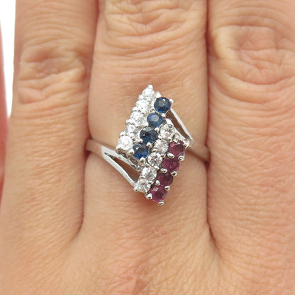 925 Sterling Silver Real Round-Cut Sapphire Ruby & C Z Ring Size 7.75