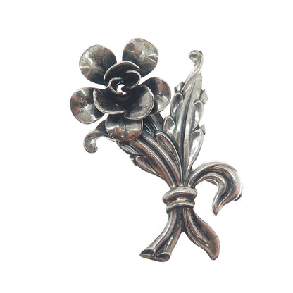 JEWELART 925 Sterling Silver Antique Art Deco Flower Leaf Pin Brooch