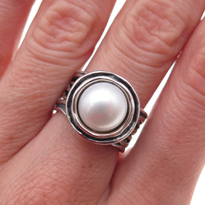 925 Sterling Silver Vintage Israel Real Pearl Modernist Oxidized Ring Size 7
