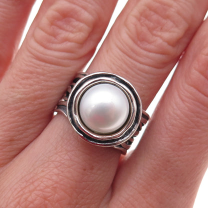 925 Sterling Silver Vintage Israel Real Pearl Modernist Oxidized Ring Size 7