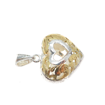 925 Sterling Silver 2-Tone Vintage Ornate Heart Charm Pendant