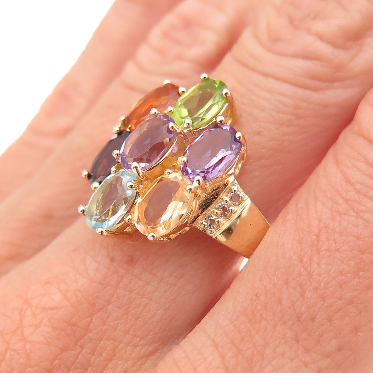 Han 925 Sterling Silver Gold Plated Real Multi-Color Gem Cluster Ring Size 8