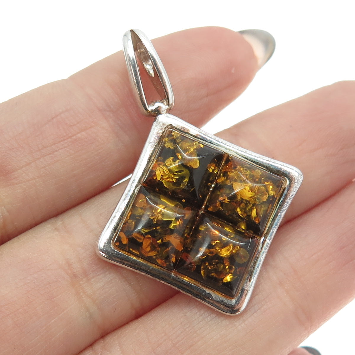 925 Sterling Silver Vintage Real Amber Modernist Pendant