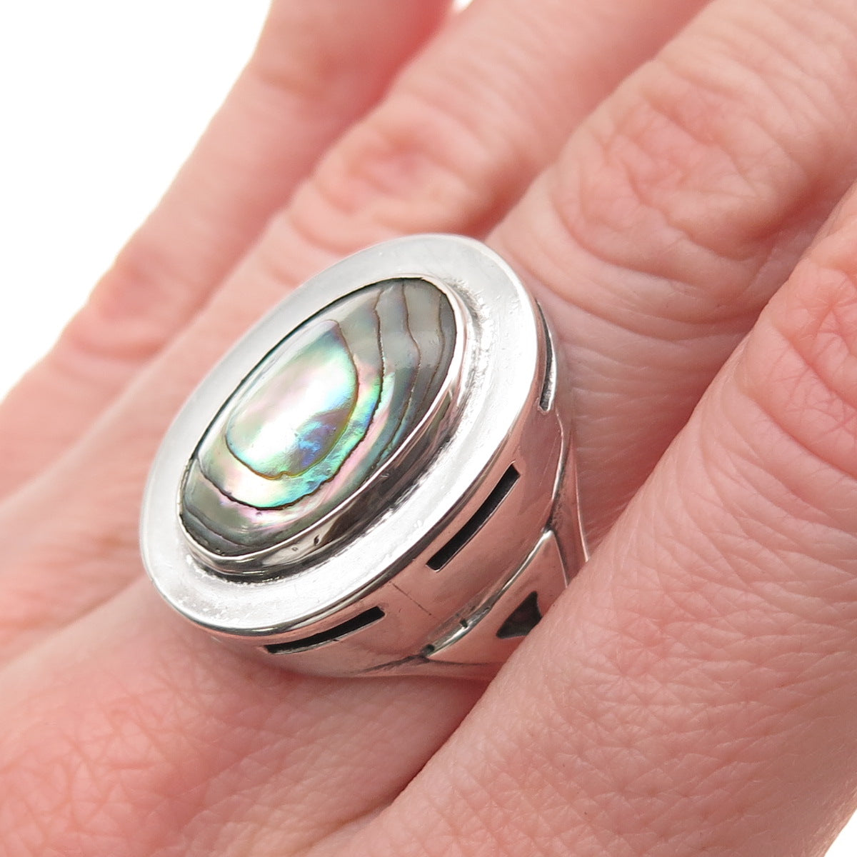 Michael L Slim Old Pawn 925 Sterling Silver Vintage Abalone Shell Ring Size 6.75
