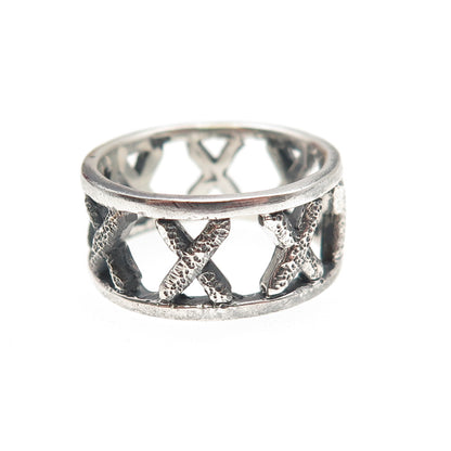 925 Sterling Silver Vintage Modernist X-Shape Oxidized Band Ring Size 7