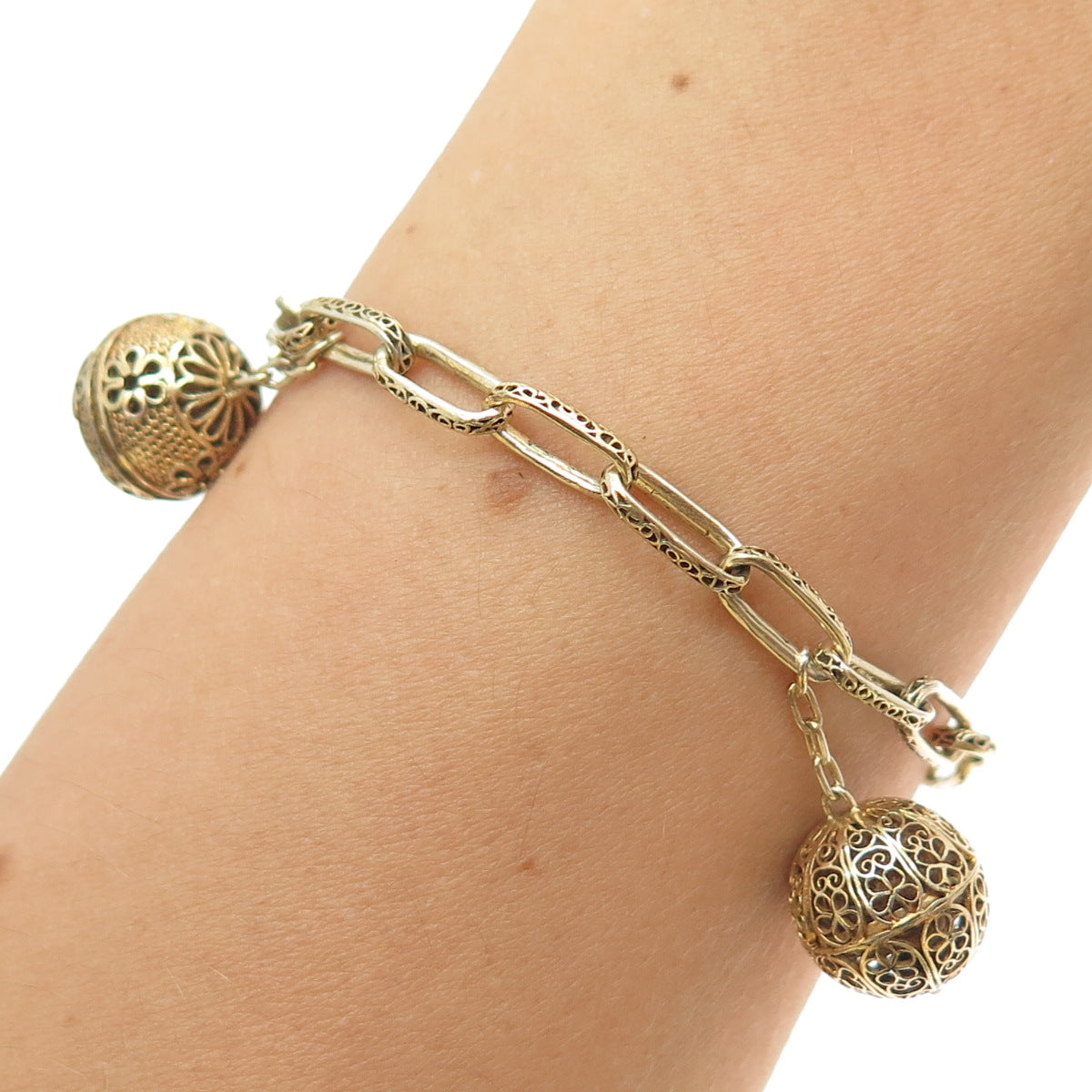 925 Sterling Gold Plated Antique China Filigree Ball Oval Link Bracelet 5.75"