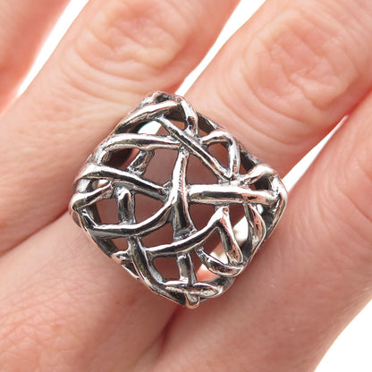 925 Sterling Silver Vintage Modernist Web Oxidized Ring Size 9.25