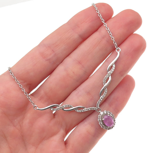 D'Joy 925 Sterling Silver Real Pink Sapphire & White Topaz Chain Necklace 20"