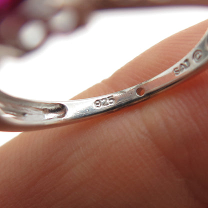 SAI 925 Sterling Silver Real Diamond & Lab-Created Ruby Heart Ring Size 6.75