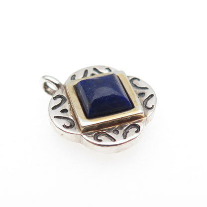 925 Sterling Silver 2-Tone Vintage Real Lapis Lazuli Floral Mini Charm Pendant