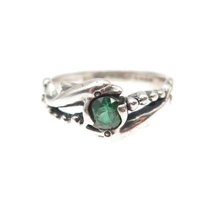 925 Sterling Vintage Real Chrome Diopside Dolphin Couple Oxidized Ring Size 4.75
