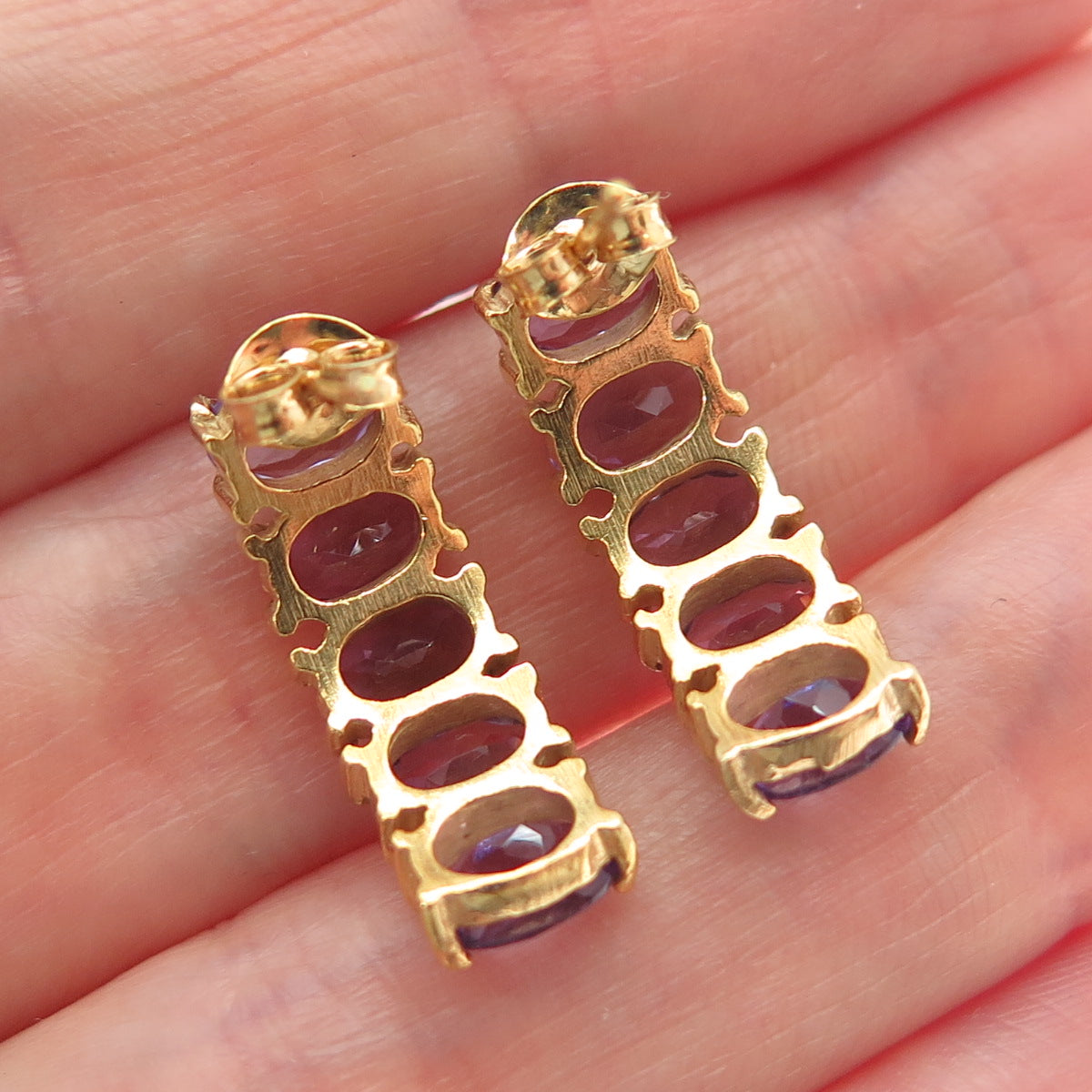 925 Sterling Silver Gold Plated Real Oval-Cut Amethyst Cluster Bar Drop Earrings