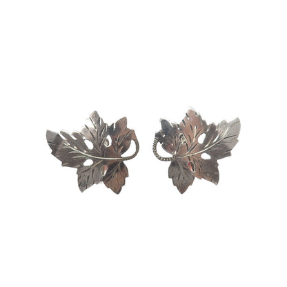 925 Sterling Silver Vintage Oak Leaf Floral Oxidized Screw Back Earrings
