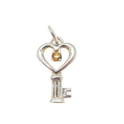 925 Sterling Silver Vintage Real Round-Cut Citrine Heart Key Minimalist Pendant